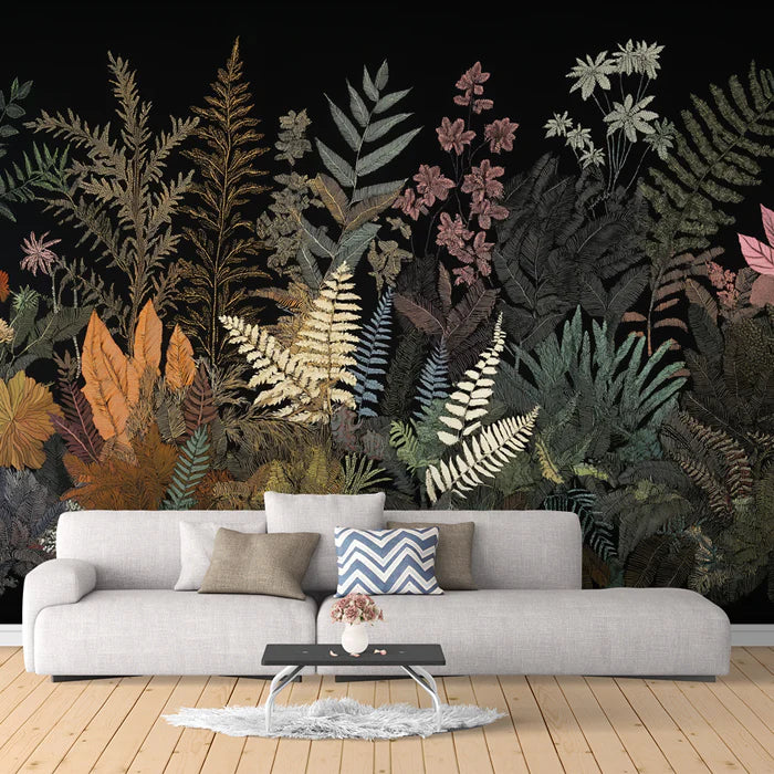 Dark Botanical Fern & Foliage Mural Wallpaper with Vintage Illustration Style Mural Wallpaper