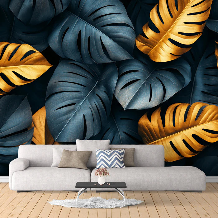 Blue and Gold Monstera Leaves Mural Wallpaper Blue, Gold and Dark Blue Leaves Mural Wallpaper - pure wallpaper artwork