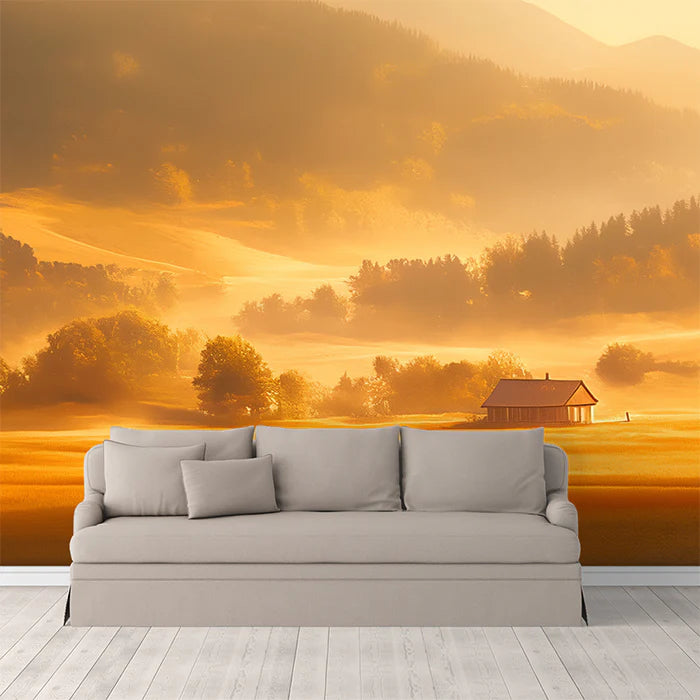 Misty Golden Field Cottage Mural Wallpaper Yellow, Orange and Brown Cottage Mural Wallpaper