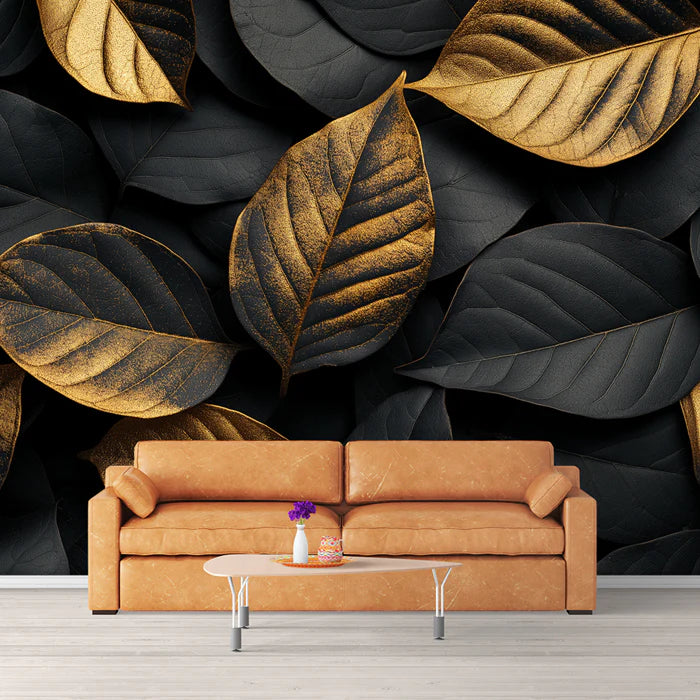 Elegant Golden Leaf Mural Wallpaper Large, dark leaves with a golden hue Mural Wallpaper - pure wallpaper artwork