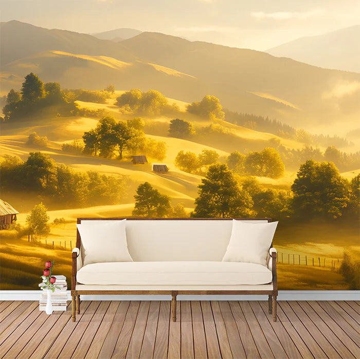 Golden Hillside Cottage Mural Wallpaper Yellow, Green and Brown Cottage Mural Wallpaper