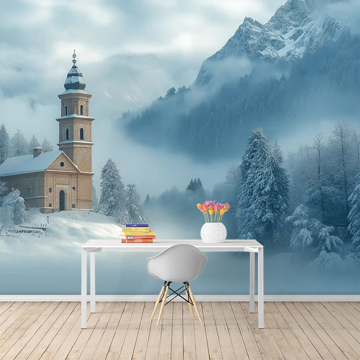 Snowy Church in Mountains Mural Wallpaper Blue, White and Brown Church Mural Wallpaper - pure wallpaper artwork