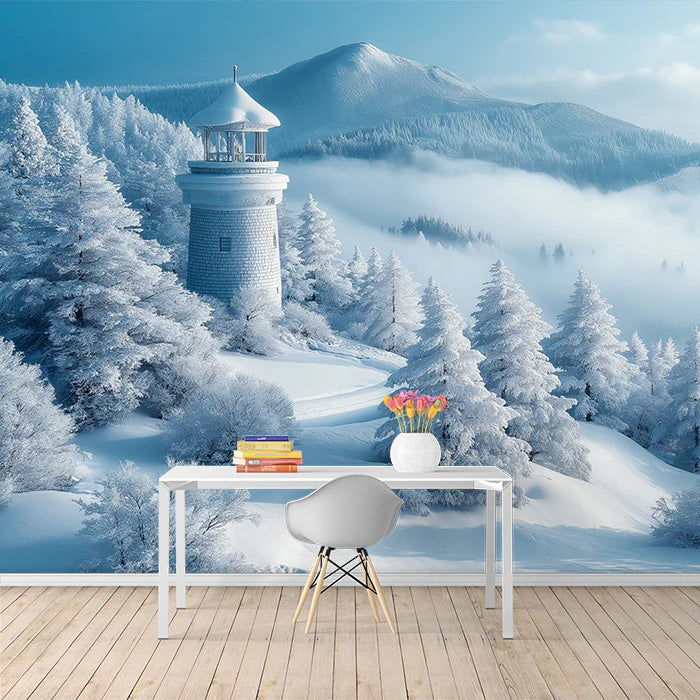 Snowy Lighthouse in Mountains Mural Wallpaper in a study Blue, White and Gray House Mural Wallpaper - pure wallpaper artwork