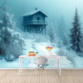 Snowy Cabin in Forest Mural Wallpaper Blue, White House Mural Wallpaper - pure wallpaper artwork
