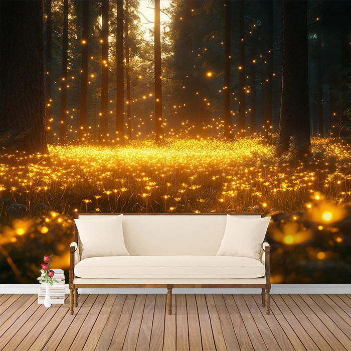 Forest with Fireflies Mural Wallpaper Orange, Yellow and Brown Fireflies in the Forest Mural Wallpaper - pure wallpaper artwork