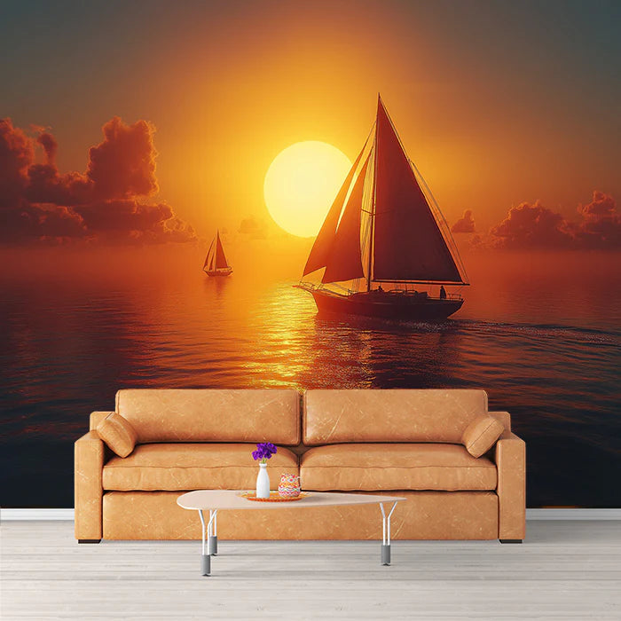 Sailing Boat at Sunset Mural Wallpaper Orange, Yellow, Blue and Sailboats Mural Wallpaper