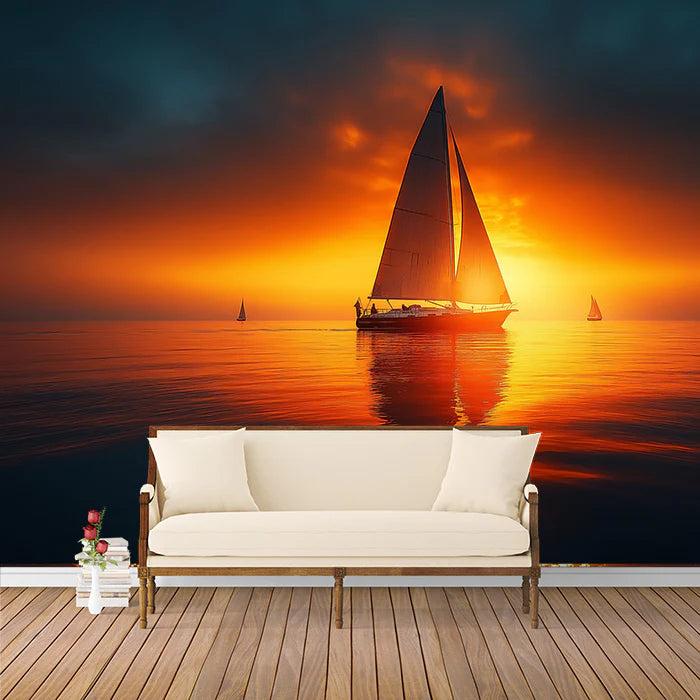 Sailing Boat at Sunset Mural Wallpaper Orange, Yellow, Blue and Sailboats Mural Wallpaper
