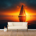 Sailing Boat at Sunset Mural Wallpaper Orange, Yellow, Blue and Sailboats Mural Wallpaper - pure wallpaper artwork