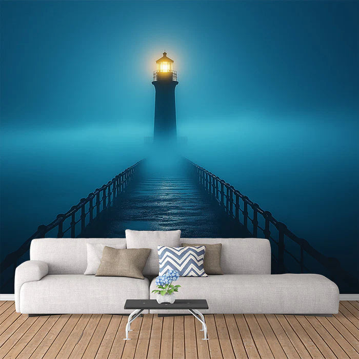 Lighthouse in Fog Mural Wallpaper Blue, Yellow and Lighthouse Mural Wallpaper
