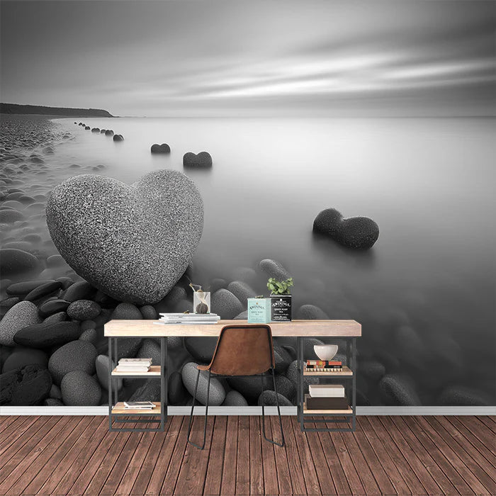 Heart-shaped Stones on Beach Mural Wallpaper Black, White and Stones Mural Wallpaper