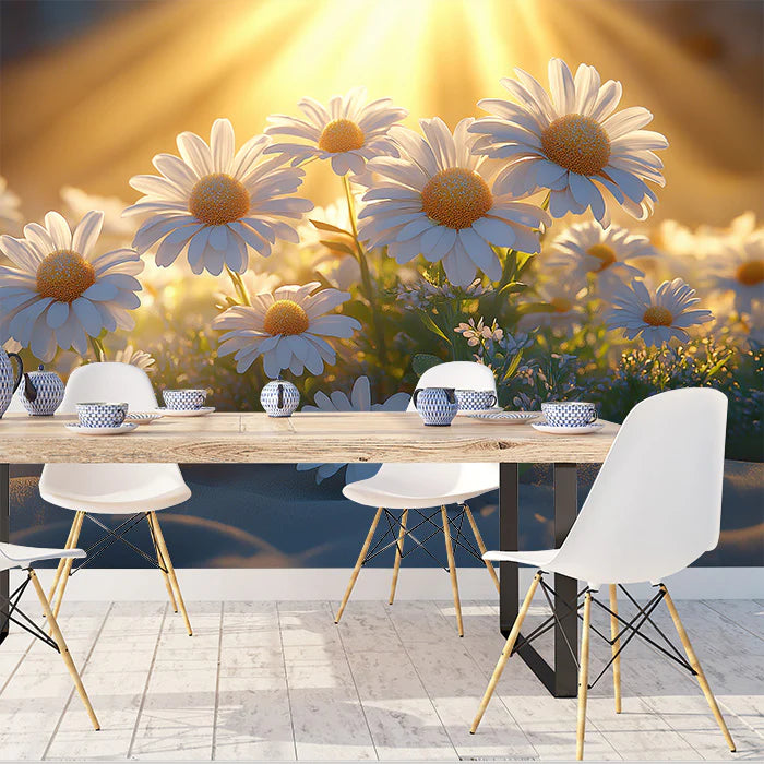 Sunlit Daisy Field Mural Wallpaper White, Yellow, Green and Golden Flower Mural Wallpaper - pure wallpaper artwork
