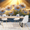 Sunlit Daisy Field Mural Wallpaper White, Yellow, Green and Golden Flower Mural Wallpaper - pure wallpaper artwork