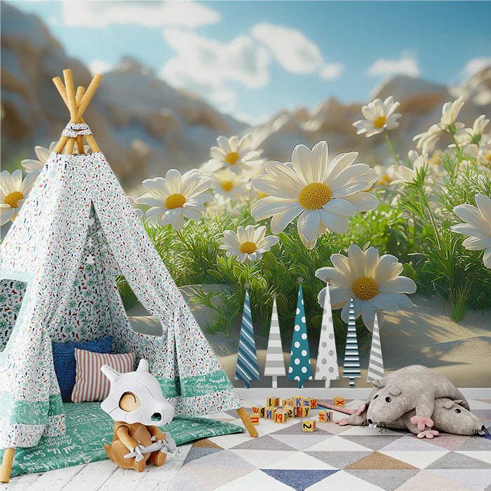 Daisy Flowers Mural Wallpaper White and Yellow Flowers, Green Leaves, Blue Sky, White Sand Mural Wallpaper