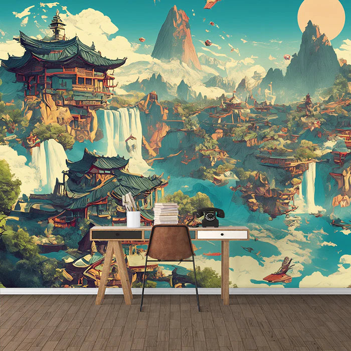 Mystical Ancient Chinese Landscape Mural Wallpaper Blue, Green, Yellow and Ancient Buildings Mural Wallpaper - pure wallpaper artwork