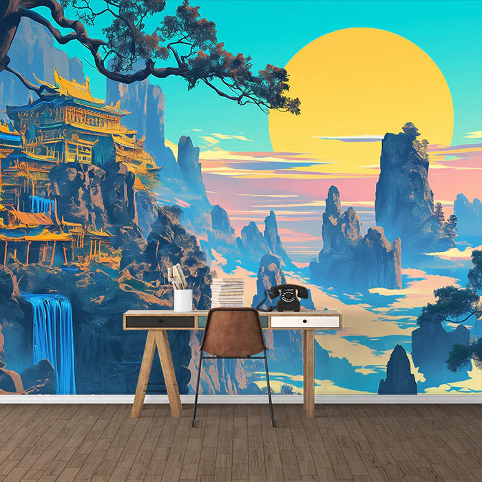 Sunset Over Ancient Mountains Mural Wallpaper Blue, Yellow, Orange and Ancient Structures Mural Wallpaper - pure wallpaper artwork