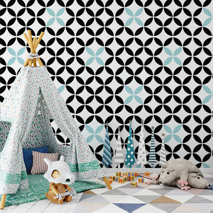 Geometric Black and White Pattern Mural Wallpaper for a contemporary Nursey Black, White and Light Blue Mural Wallpaper - pure wallpaper artwork