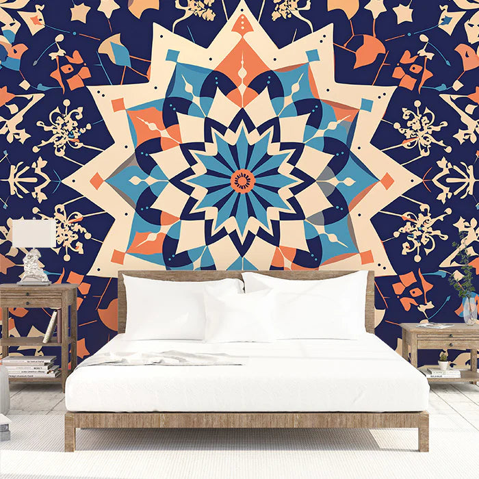 Intricate Mandala Pattern Mural Wallpaper Blue, Orange, Beige and Dark Blue Mural Wallpaper