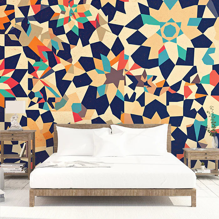 Geometric Star Pattern Mural Wallpaper Beige, Blue, Orange and Green Stars Mural Wallpaper - pure wallpaper artwork