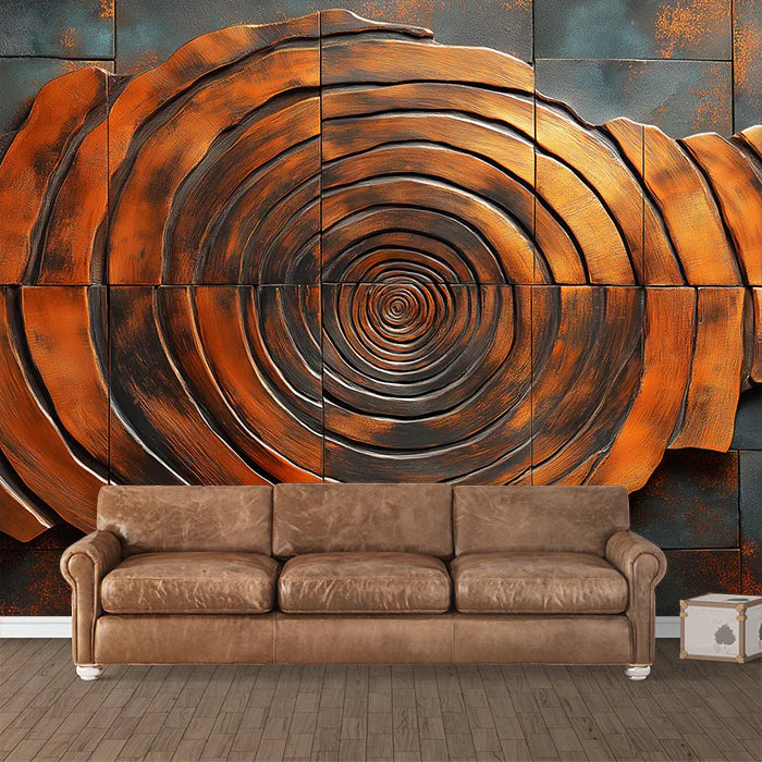 Rustic Wood Grain Spiral Mural Wallpaper Brown, Black and Orange Mural Wallpaper