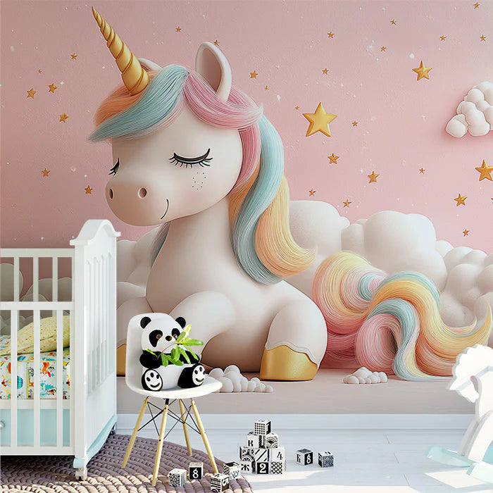 Dreamy Unicorn in Clouds Mural Wallpaper Pink, White, Gold and Blue Unicorn Mural Wallpaper - pure wallpaper artwork