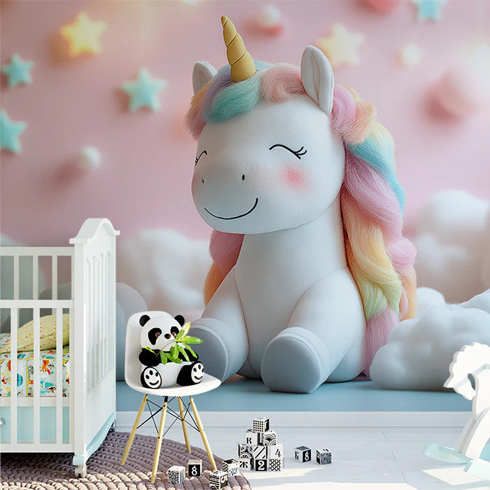 Cheerful Unicorn with Starry Background Mural Wallpaper Pink, White, Yellow and Blue Unicorn Mural Wallpaper
