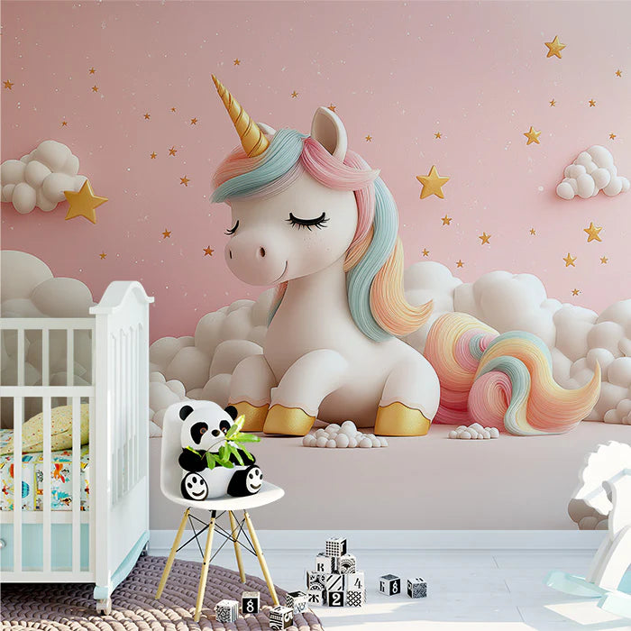 Magical Unicorn in Cloudy Wonderland Mural Wallpaper Pink, White, Gold and Blue Unicorn Mural Wallpaper