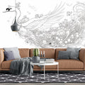 Swan and Fantasy Elements Mural Wallpaper Black White and Gray Swan Mural Wallpaper - pure wallpaper artwork