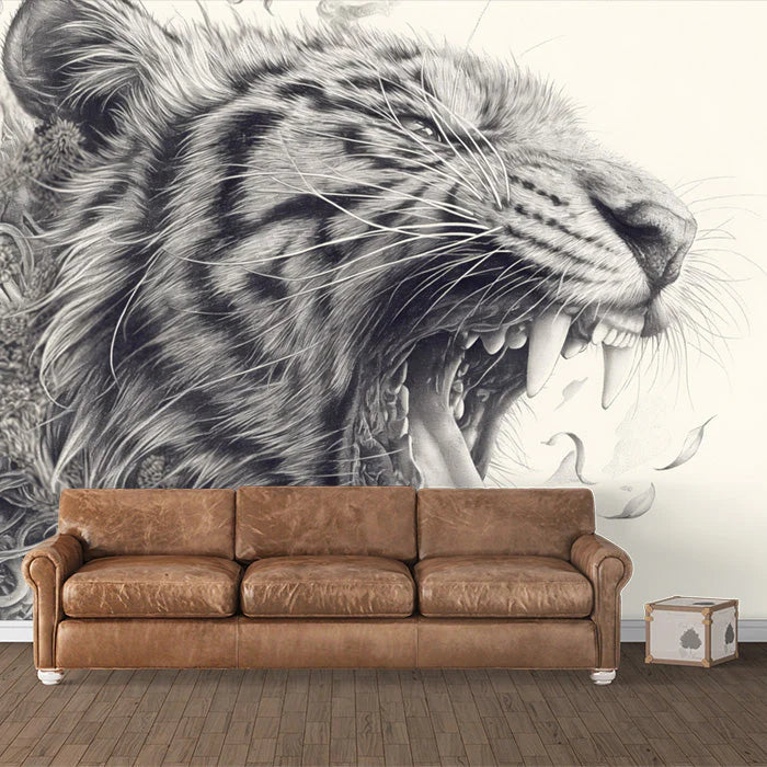 Tiger and Intricate Scene Mural Wallpaper Black White and Beige tiger Mural Wallpaper - pure wallpaper artwork