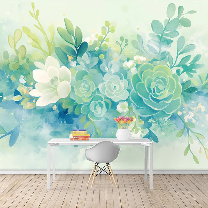 Succulent and Floral Watercolor Mural Wallpaper Green Blue White and Yellow Mural Wallpaper - pure wallpaper artwork