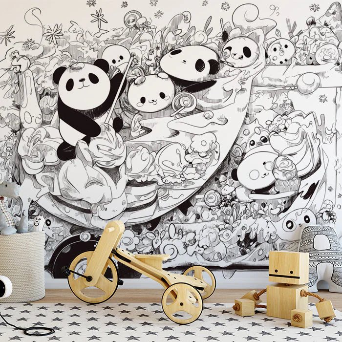 Black and White Panda Ice Cream Van Mural Wallpaper Black White and Gray Panda Mural Wallpaper