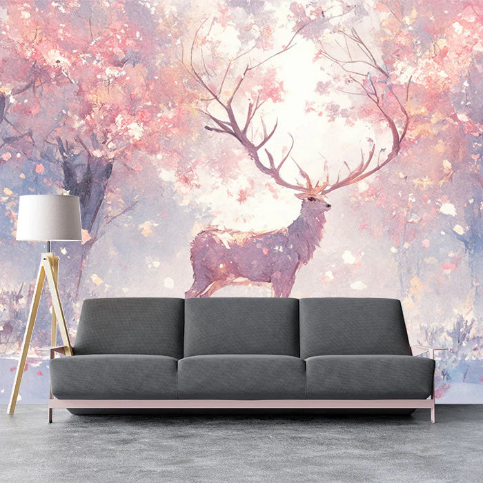 Pink and Purple Deer in Forest Mural Wallpaper Pink Purple White and Light Brown Deer Mural Wallpaper