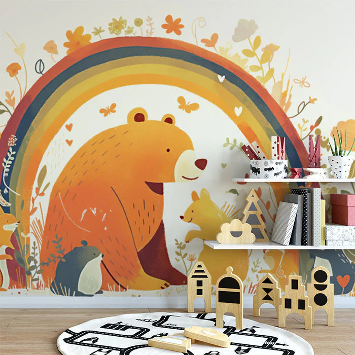 Rainbow and Bear Mural Wallpaper for a child's room Orange Yellow Red Green and Brown Bear with Rainbow Mural Wallpaper