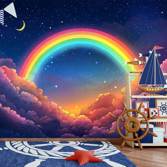 Night Sky with Rainbow Mural Wallpaper Blue Purple Pink Yellow and Orange Rainbow Night Mural Wallpaper