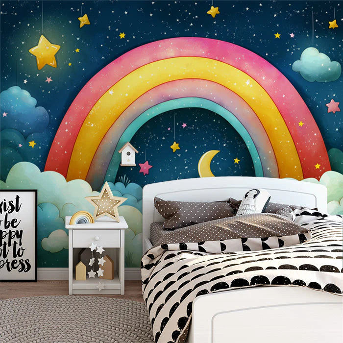 Rainbow and Stars Mural Wallpaper Blue Pink Yellow Green and White Rainbow Stars Mural Wallpaper - pure wallpaper artwork
