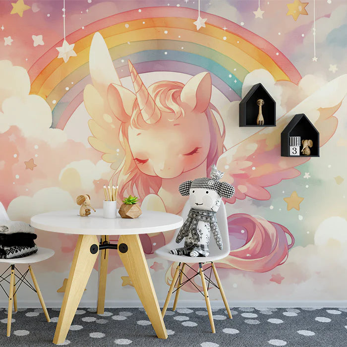 Unicorn and Rainbow Mural Wallpaper Pink Purple Yellow Blue and White Unicorn Mural Wallpaper - pure wallpaper artwork