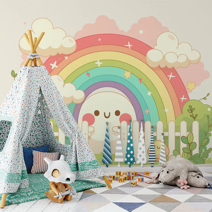 Rainbow and Clouds with Fence Mural Wallpaper Pink Green Blue Yellow and White Rainbow Mural Wallpaper