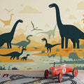 Dinosaur Landscape Mural Wallpaper Yellow Green Blue and Brown Dinosaur Mural Wallpaper - pure wallpaper artwork