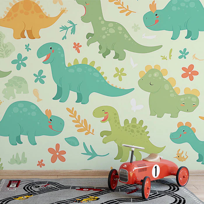 Cute Dinosaur Pattern Mural Wallpaper Green Orange Blue and White Dinosaur Mural Wallpaper