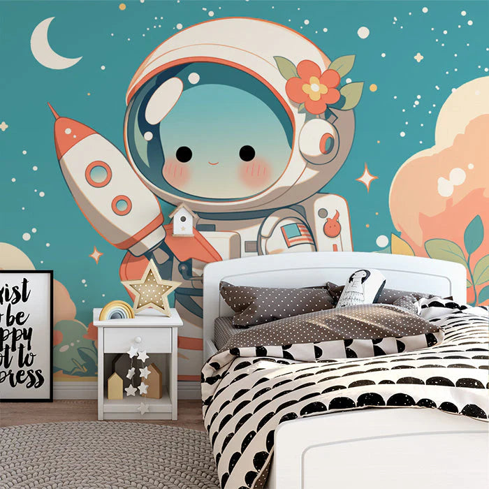 Cute Astronaut with Rocket Mural Wallpaper Blue Orange White and Pink Astronaut Mural Wallpaper