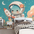 Cute Astronaut with Rocket Mural Wallpaper Blue Orange White and Pink Astronaut Mural Wallpaper - pure wallpaper artwork