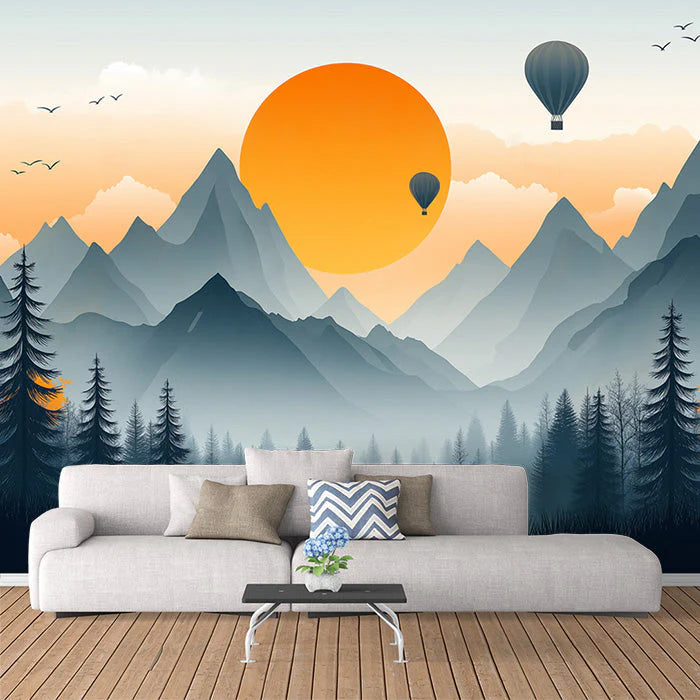 Mountain Sunset with Hot Air Balloons Mural Wallpaper Orange Blue Gray and Green Mountain Mural Wallpaper - pure wallpaper artwork
