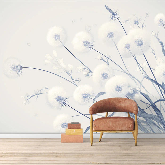 Dandelion and Dragonfly Mural Wallpaper for a Reading room White Blue and Light Gray Dandelion Mural Wallpaper - pure wallpaper artwork