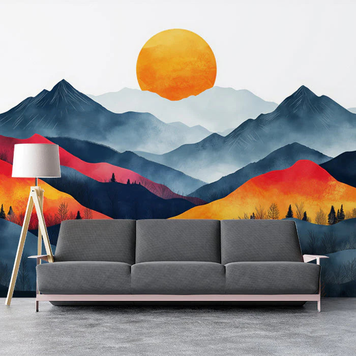 Mountain Sunset Mural Wallpaper for a Study Orange Red Blue and Gray Sunset Mural Wallpaper