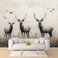 Deer in Field with Brick Wall Mural Wallpaper Beige Brown Black and White Deer Mural Wallpaper - pure wallpaper artwork