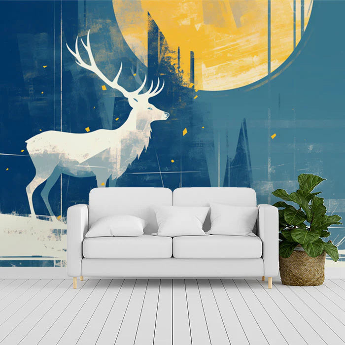 Deer and Moon Mural Wallpaper Blue Yellow and White Deer Mural Wallpaper - pure wallpaper artwork