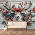 Deer Head with Roses Mural Wallpaper White Gray Red and Brown Deer Mural Wallpaper - pure wallpaper artwork