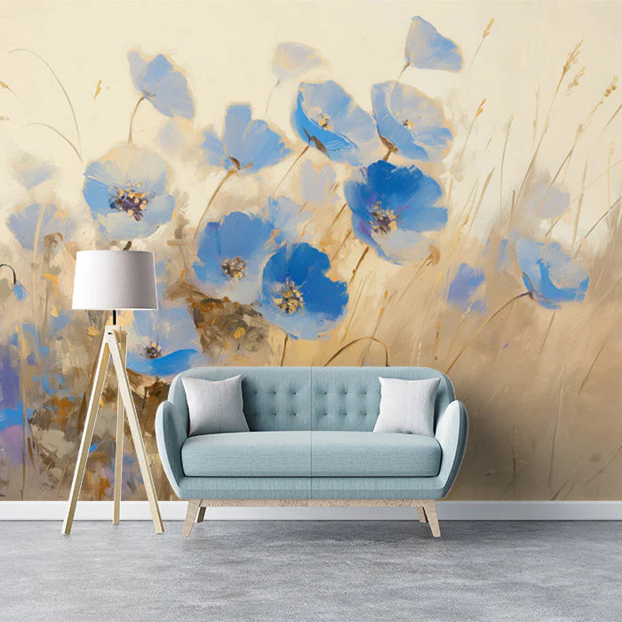 Blue Flower Field Mural Wallpaper Blue Beige and Brown Flower Mural Wallpaper - pure wallpaper artwork