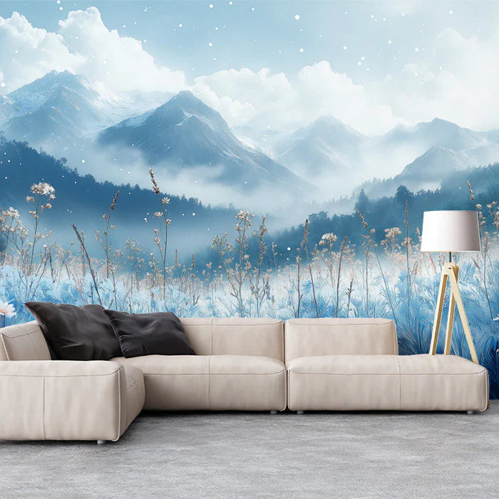 Winter Mountain and Meadow Mural Wallpaper for a living room Blue White and Gray Mountain Mural Wallpaper - pure wallpaper artwork