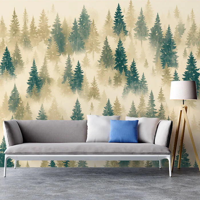 Forest in Mist Mural Wallpaper Green Beige and Brown Mural Wallpaper - pure wallpaper artwork