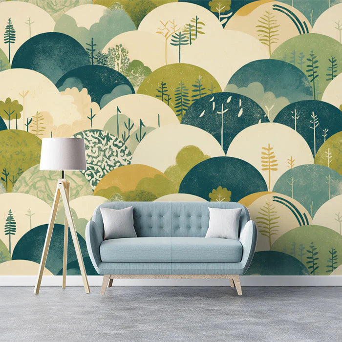 Abstract Forest Hills Mural Wallpaper Green Yellow Blue and Beige Mural Wallpaper - pure wallpaper artwork